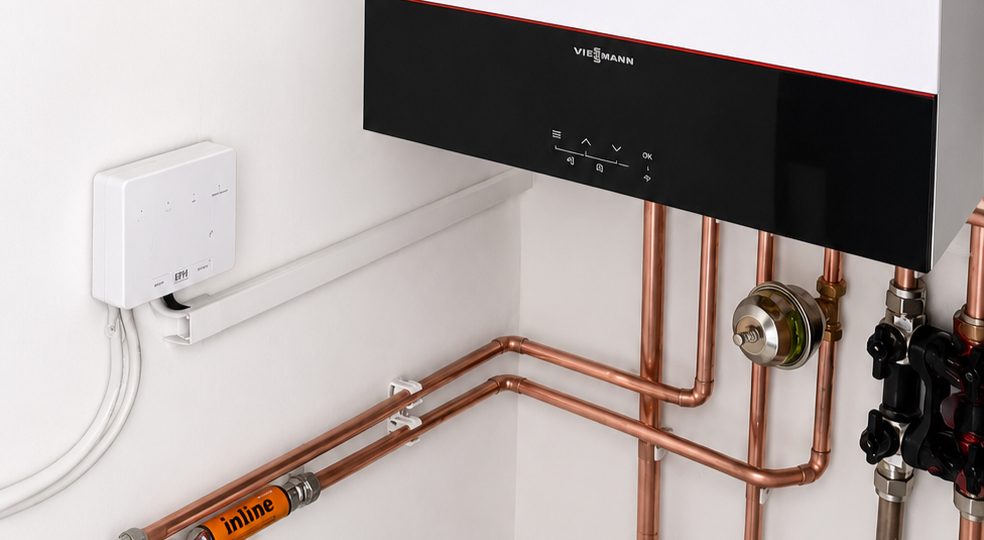 A Viessmann boiler installation by DMC Heating with neat copper pipework and a wireless programmer